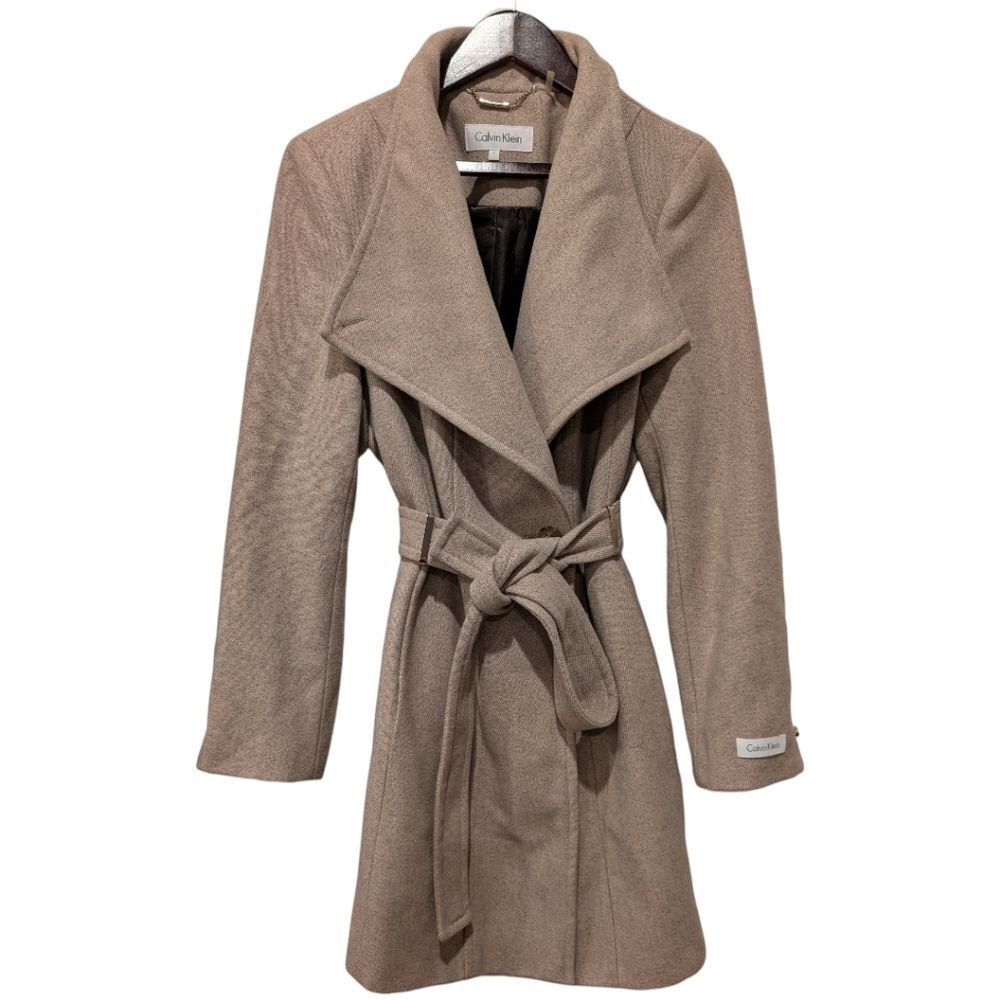 Calvin Klein Wool Blend Belted Wrap Coat Shawl Collar - Taupe Melange Size L
